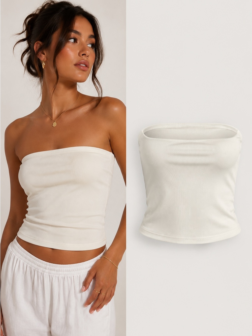Originality Ivory Ribbed Tube Top | Y2K Minimalist Stretch Bandeau | Size Large